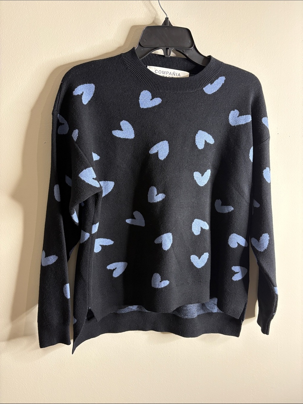 Compania Black Crewneck Sweater with Blue Heart Pattern
